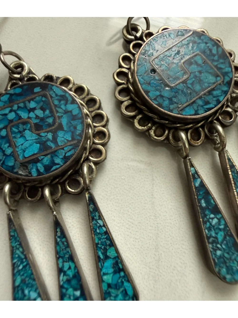 Vintage Native American Crushed Chip Turquoise Inlay Chandelier Silver Earrings